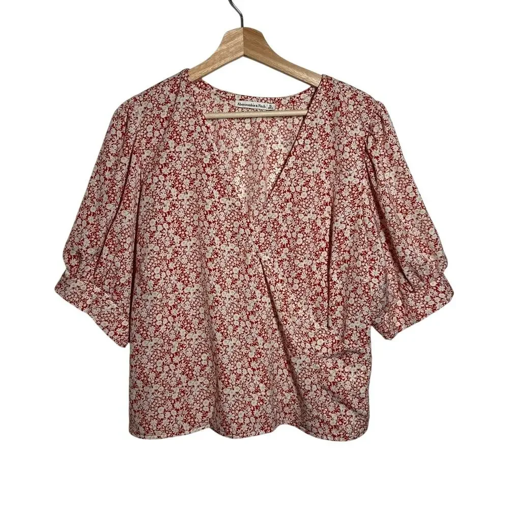Abercrombie & Fitch Floral Faux Wrap Top Sz XL Short Puff Sleeves Cottagecore